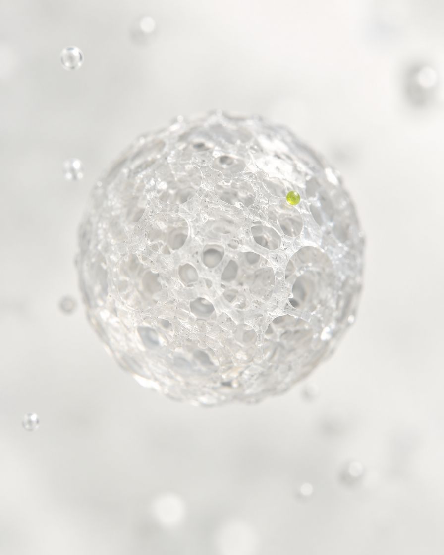 Nabsolute: Clear droplets beaded on a grey surface, one carrying a lime fleck