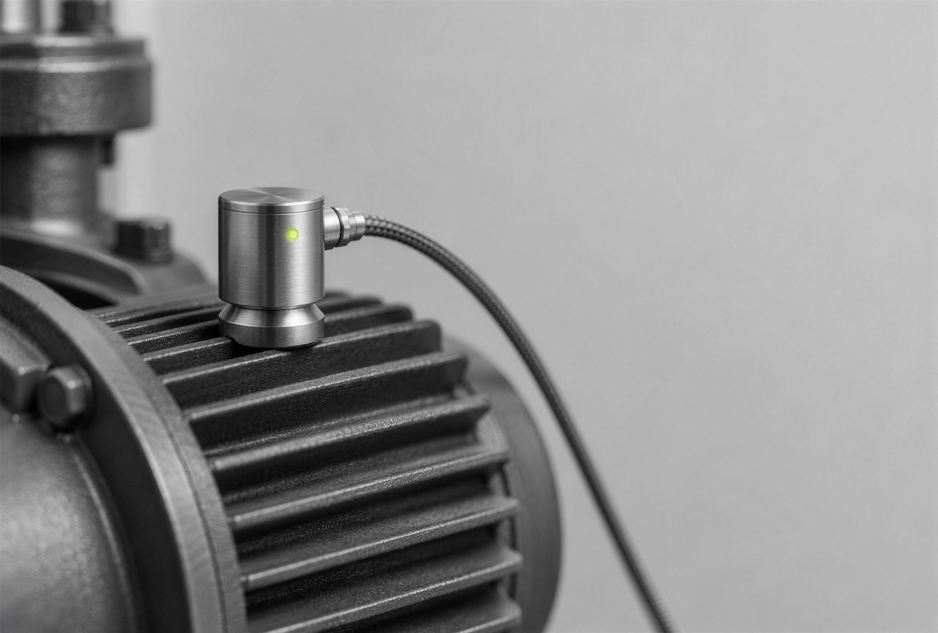 hireQ: A sensor module clipped to a steel machine housing, one lime indicator lit