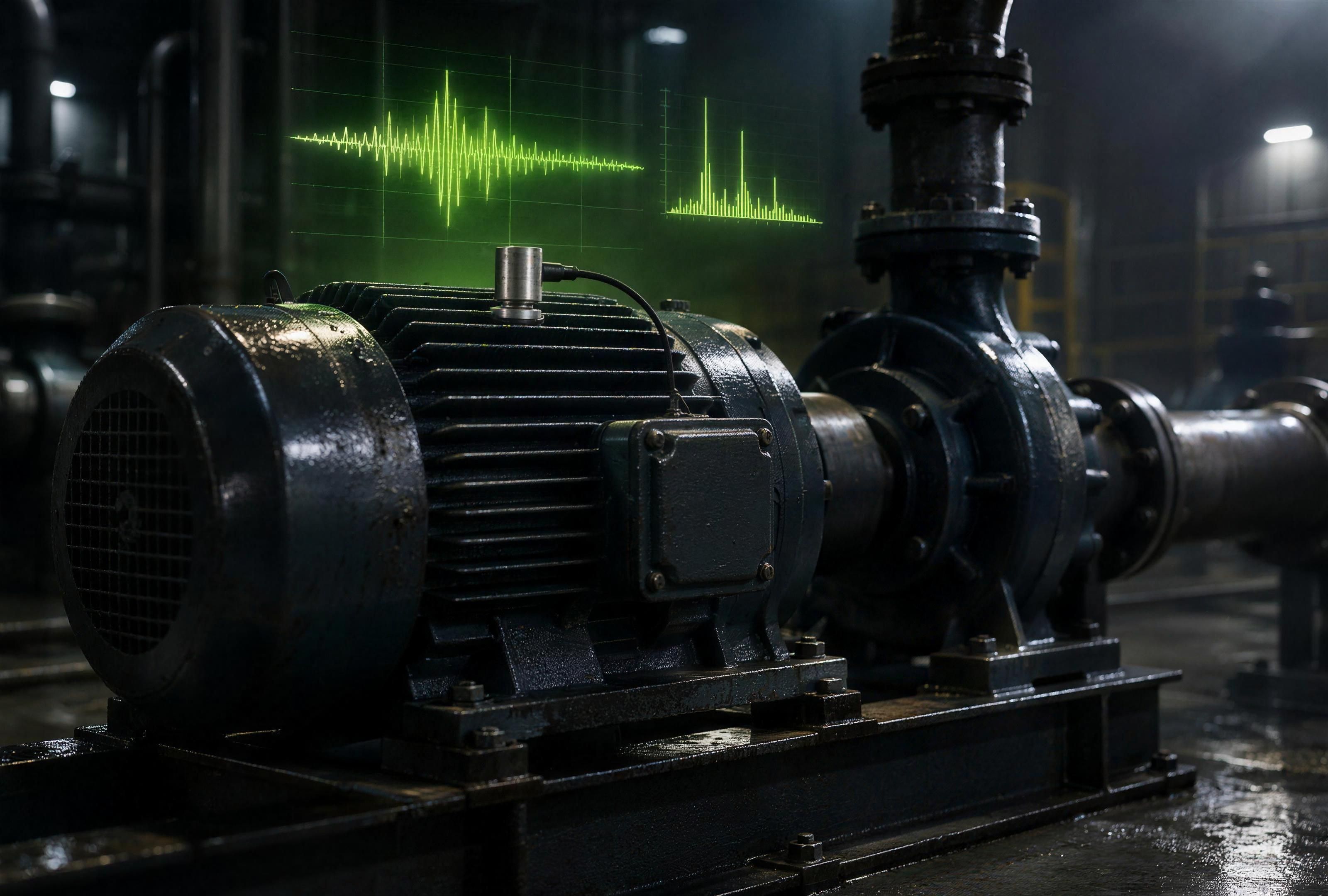 hireQ: An industrial motor with its vibration signature drawn in light above it