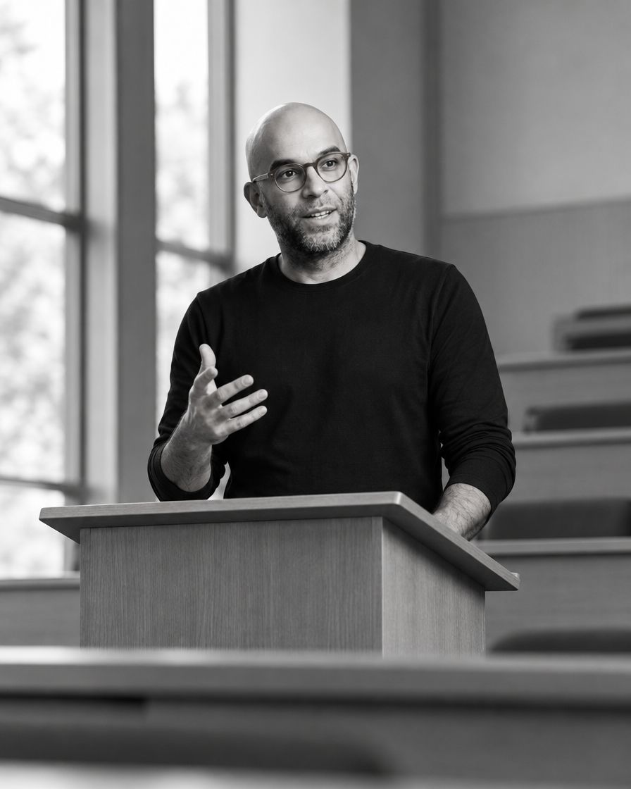 Vikram Ahuja at a lectern in a tiered lecture hall